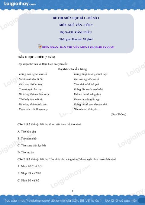 Đề thi giữa kì 1 Văn 7 Cánh diều - Đề số 1